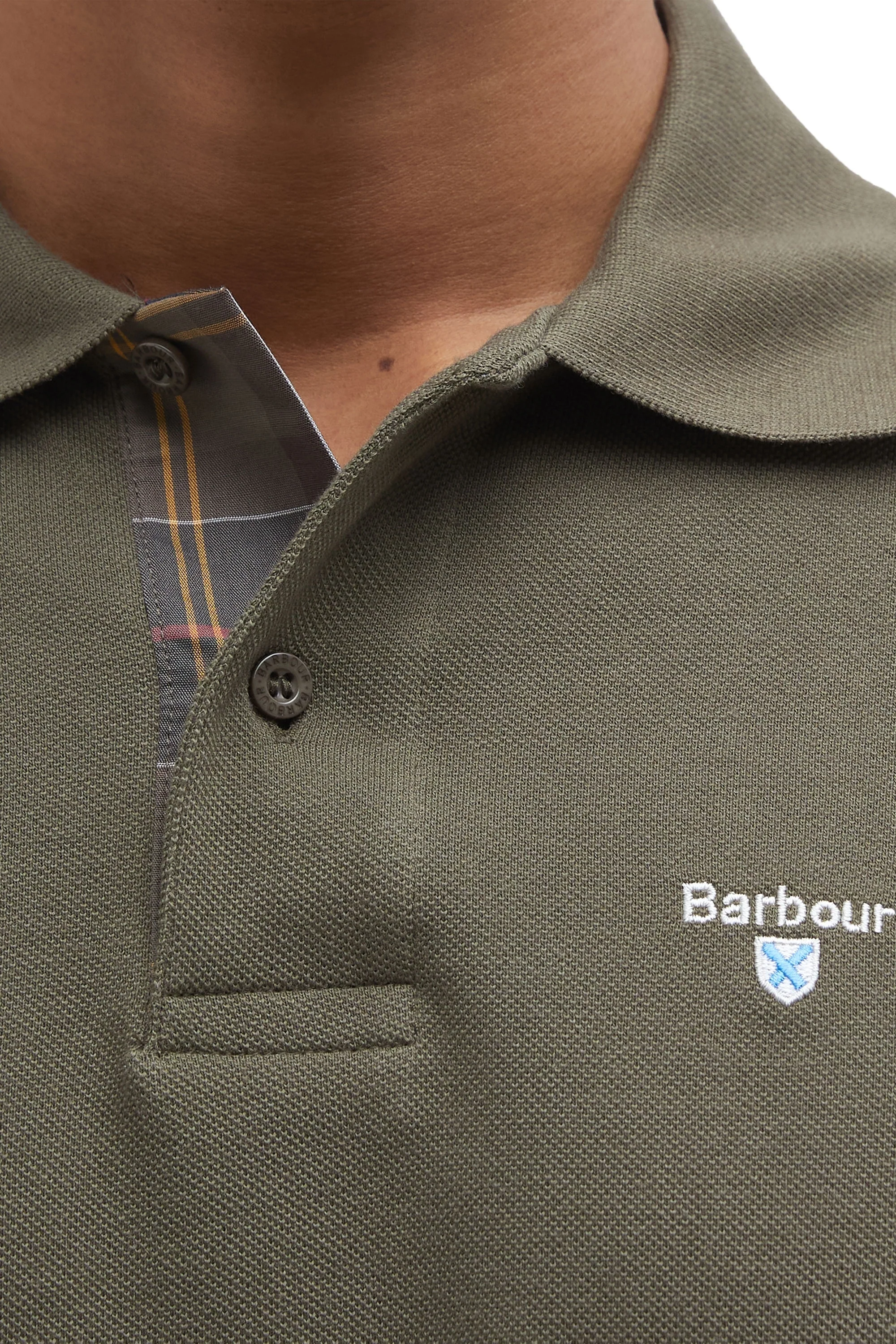 Barbour Tartan Pique Polo Shirt Dark Olive - Image 3