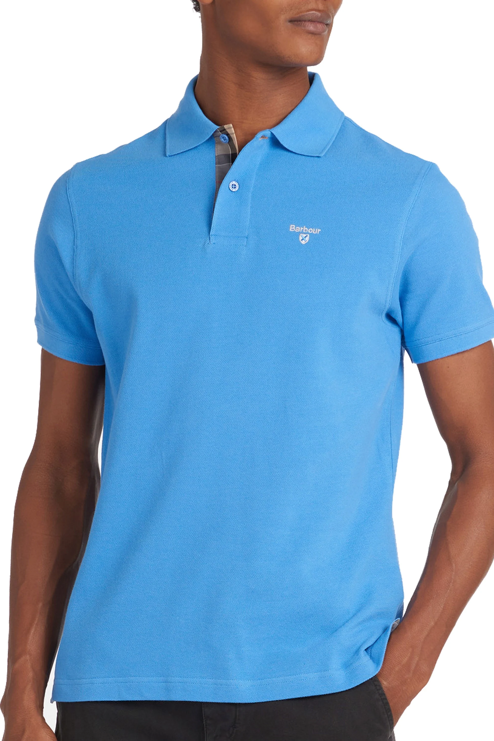 Barbour Tartan Pique Polo Shirt Delft Blue - Image 2