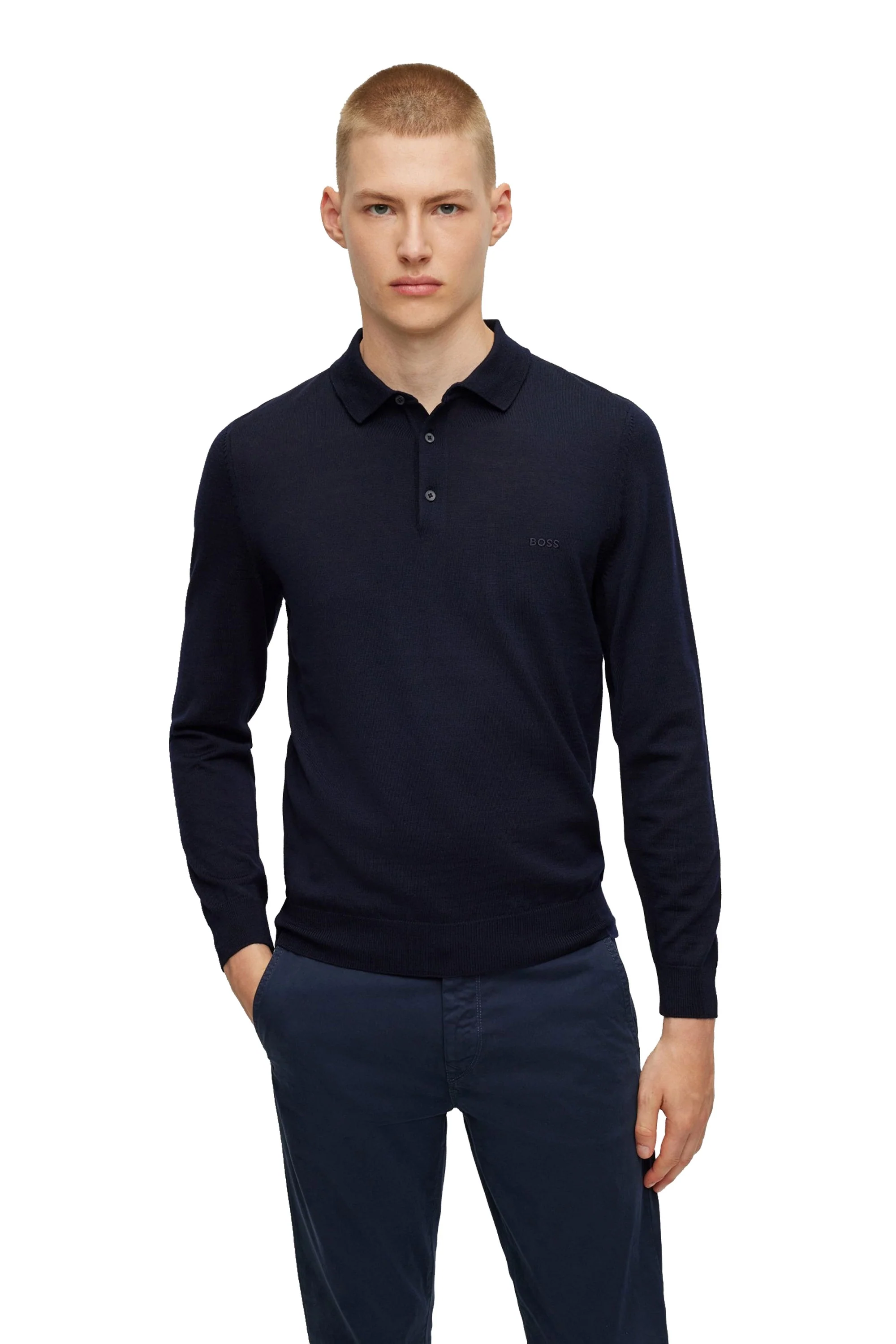 Boss Black Bono-l Long Sleeved Polo Shirt Dark Blue - Image 2