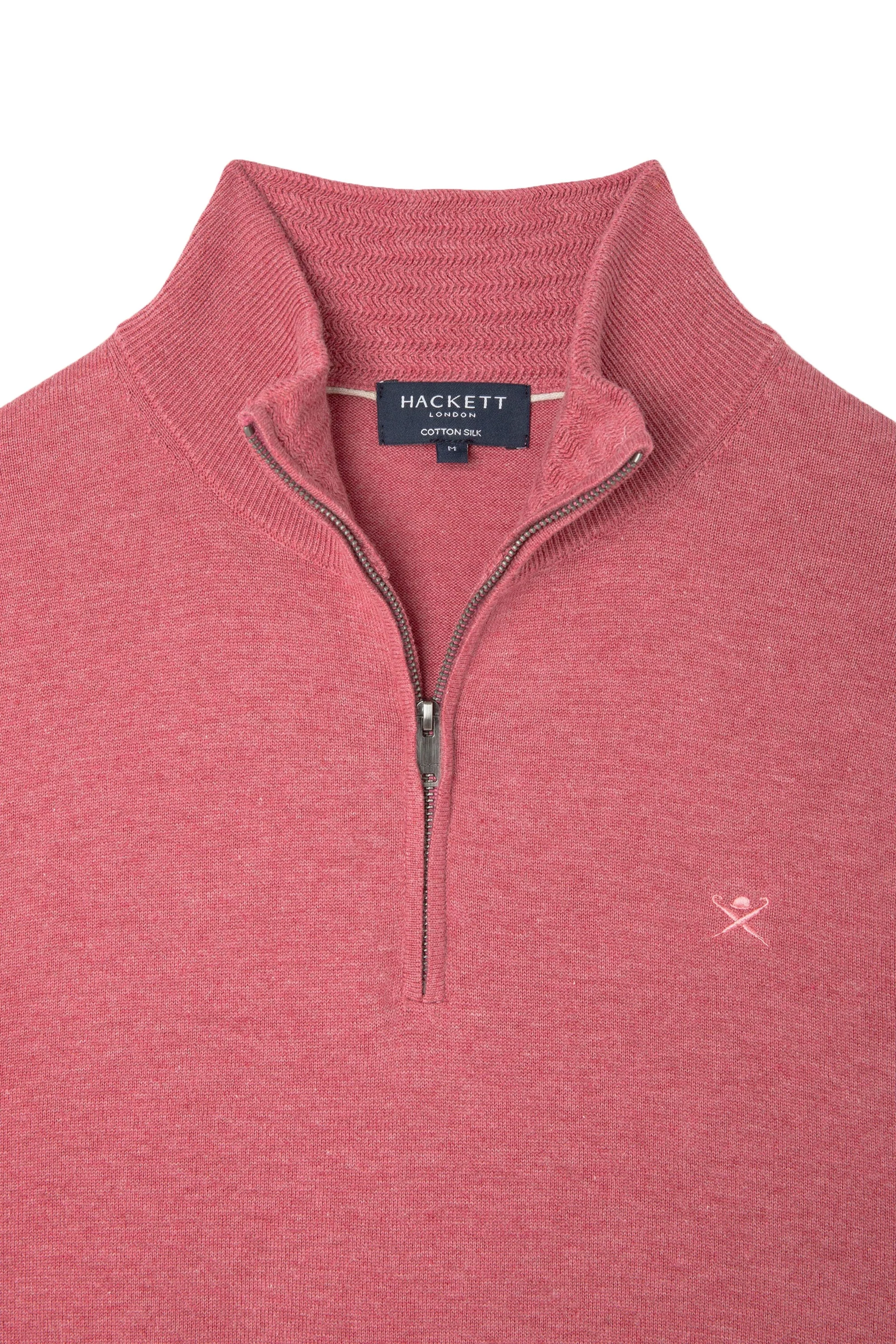 Hackett Cotton Silk Half Zip Knitwear Dusty Red - Image 3