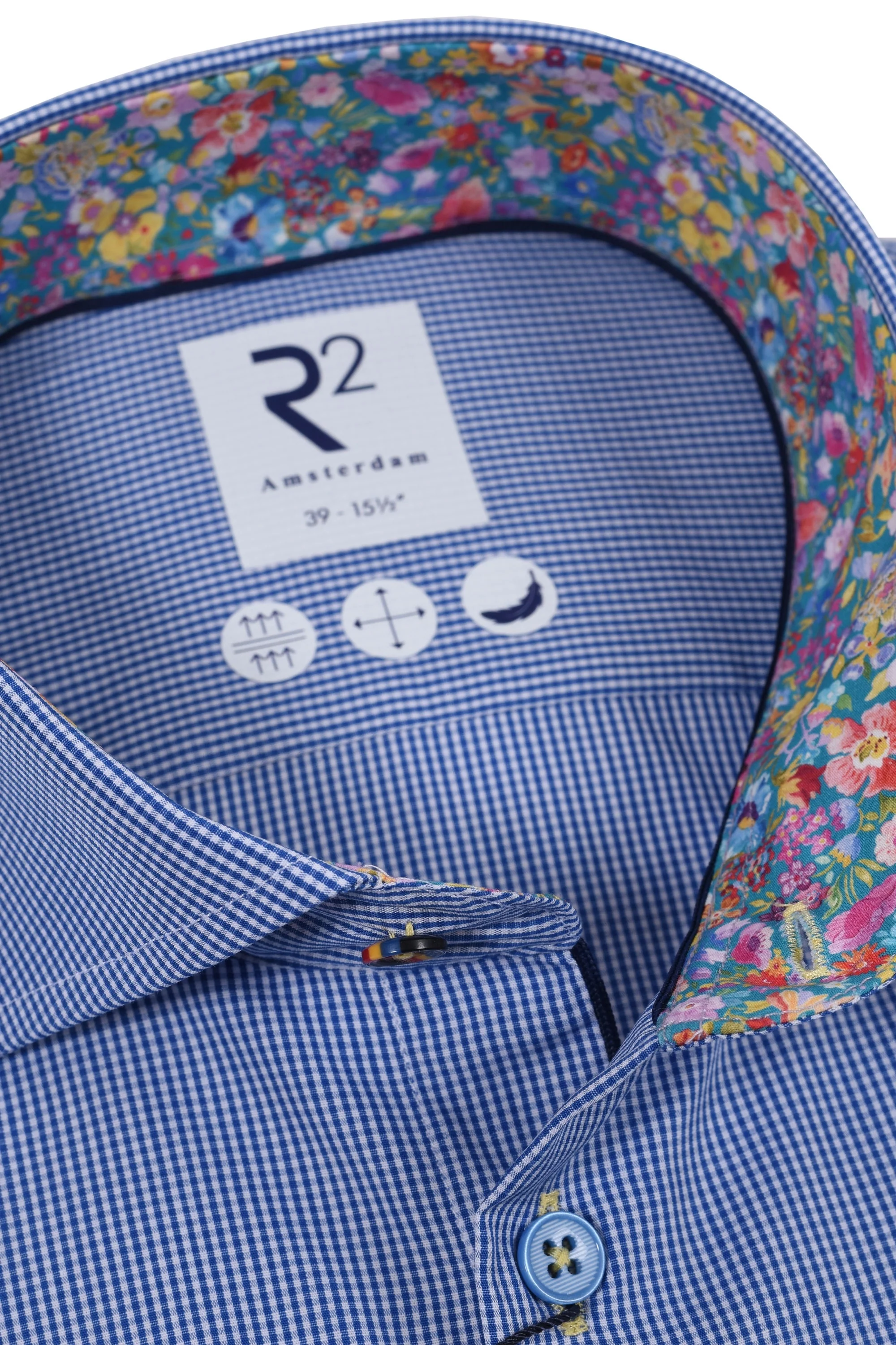R2 Cut Away Collar Long Sleeved Shirt Blue Check - Image 2