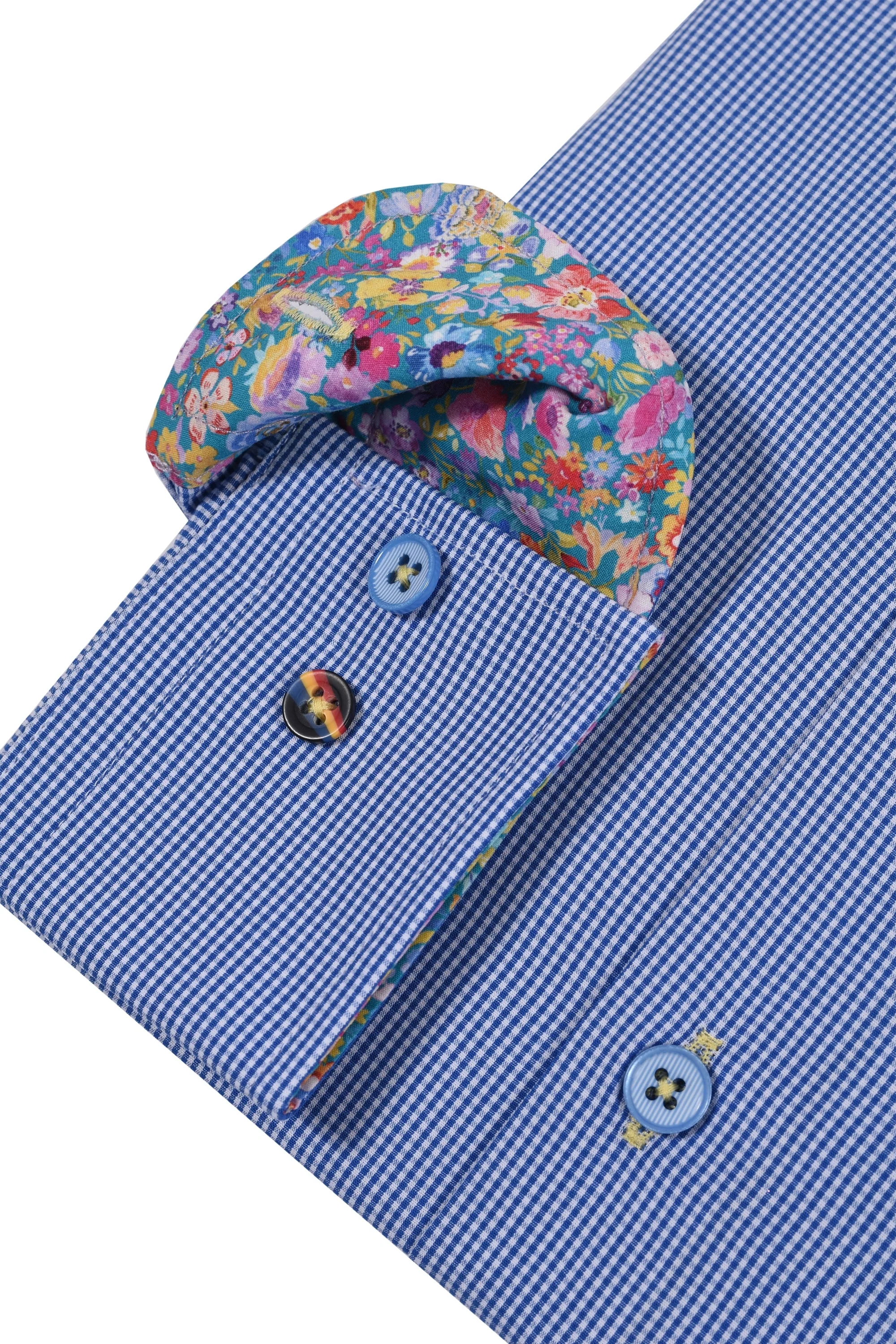 R2 Cut Away Collar Long Sleeved Shirt Blue Check - Image 3
