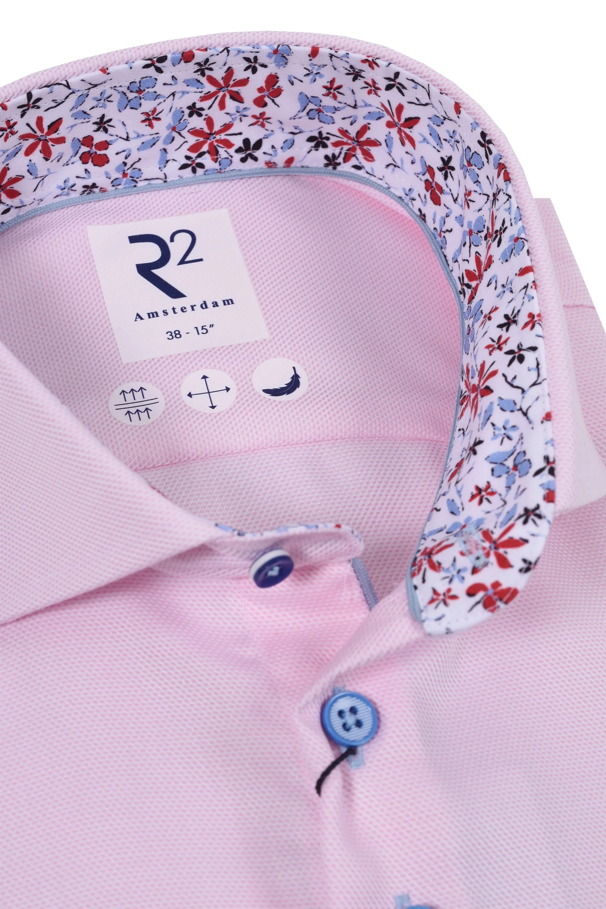 R2 Cut Away Collar Long Sleeved Shirt Pink with Blue Floral Trim - Image 2