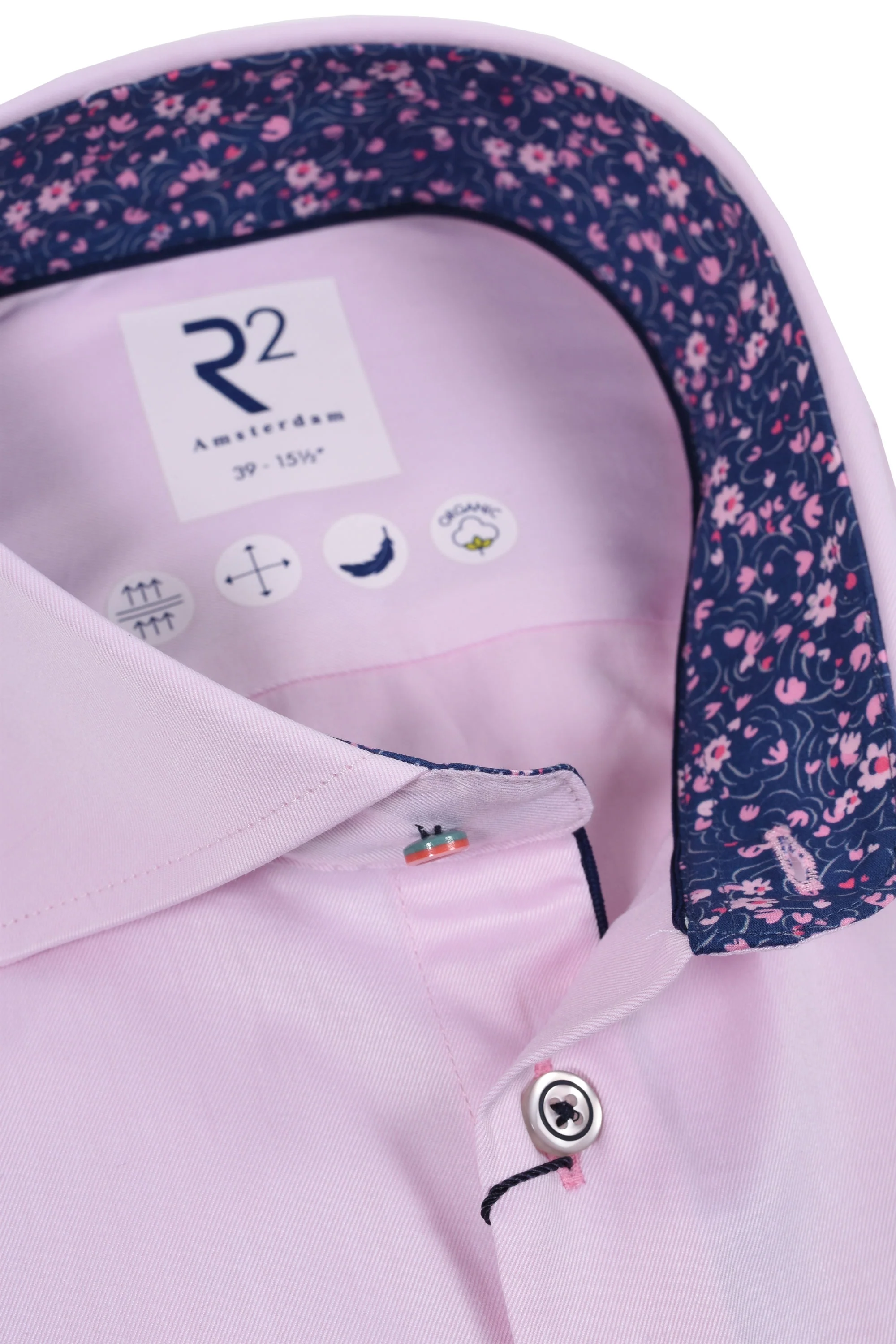 R2 Cut Away Collar Long Sleeved Shirt Pink with Navy Trim - Image 2