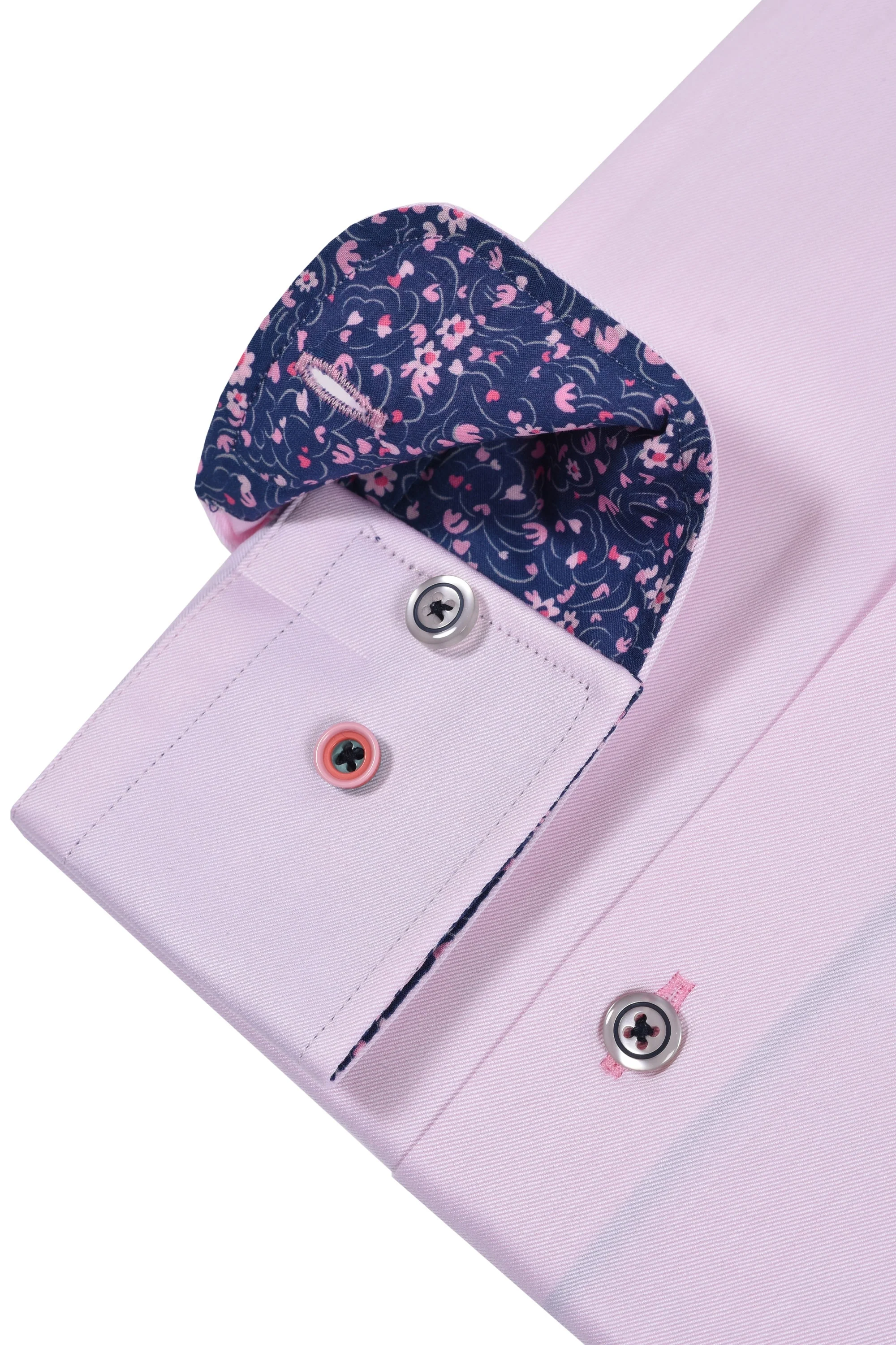 R2 Cut Away Collar Long Sleeved Shirt Pink with Navy Trim - Image 3