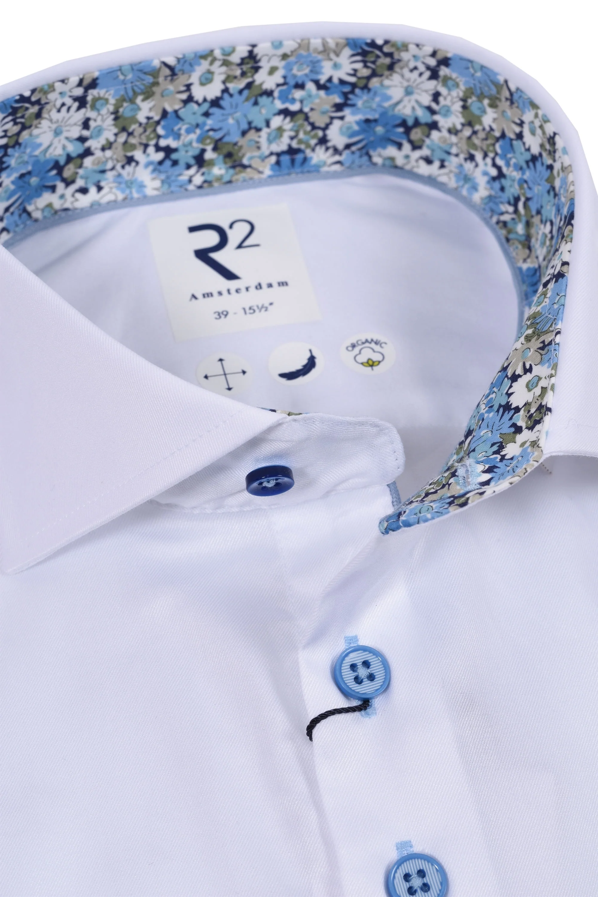 R2 Cut Away Collar Long Sleeved Shirt White with Blue Floral Trim - Image 2