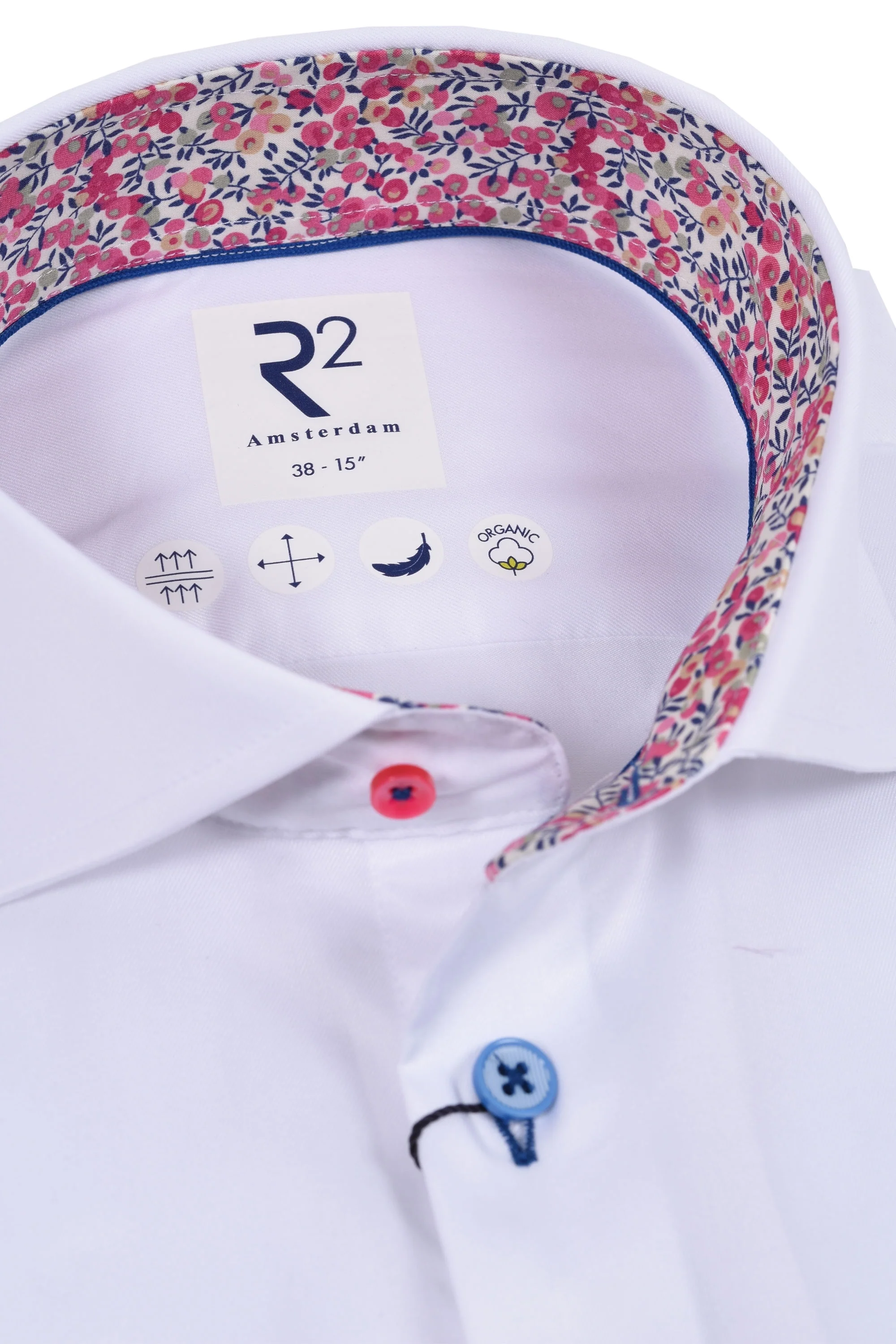 R2 Cut Away Collar Long Sleeved Shirt White with Pink Floral Trim - Image 2