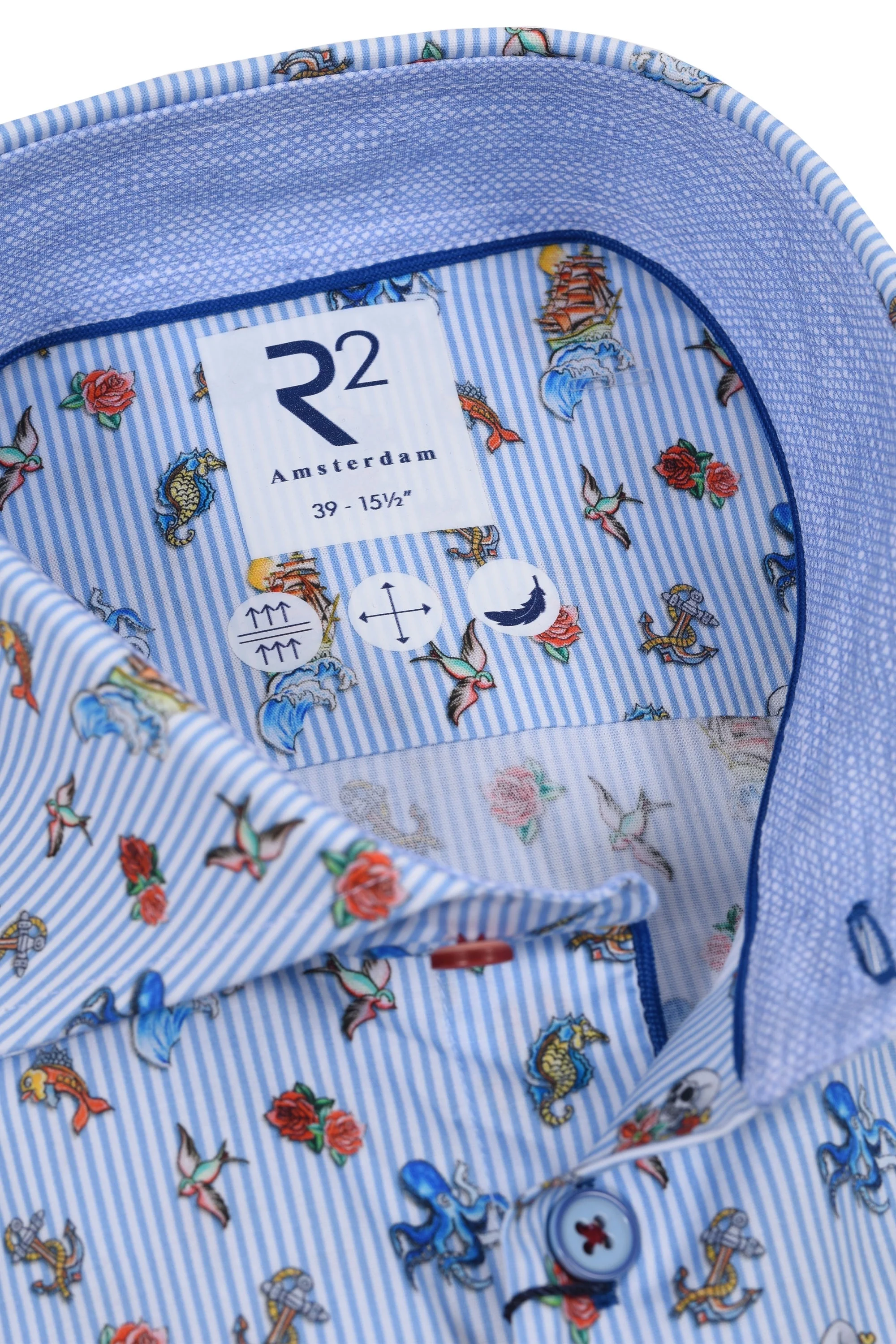 R2 Long Sleeved Cut Away Collar Ocean Print Shirt Light Blue - Image 2