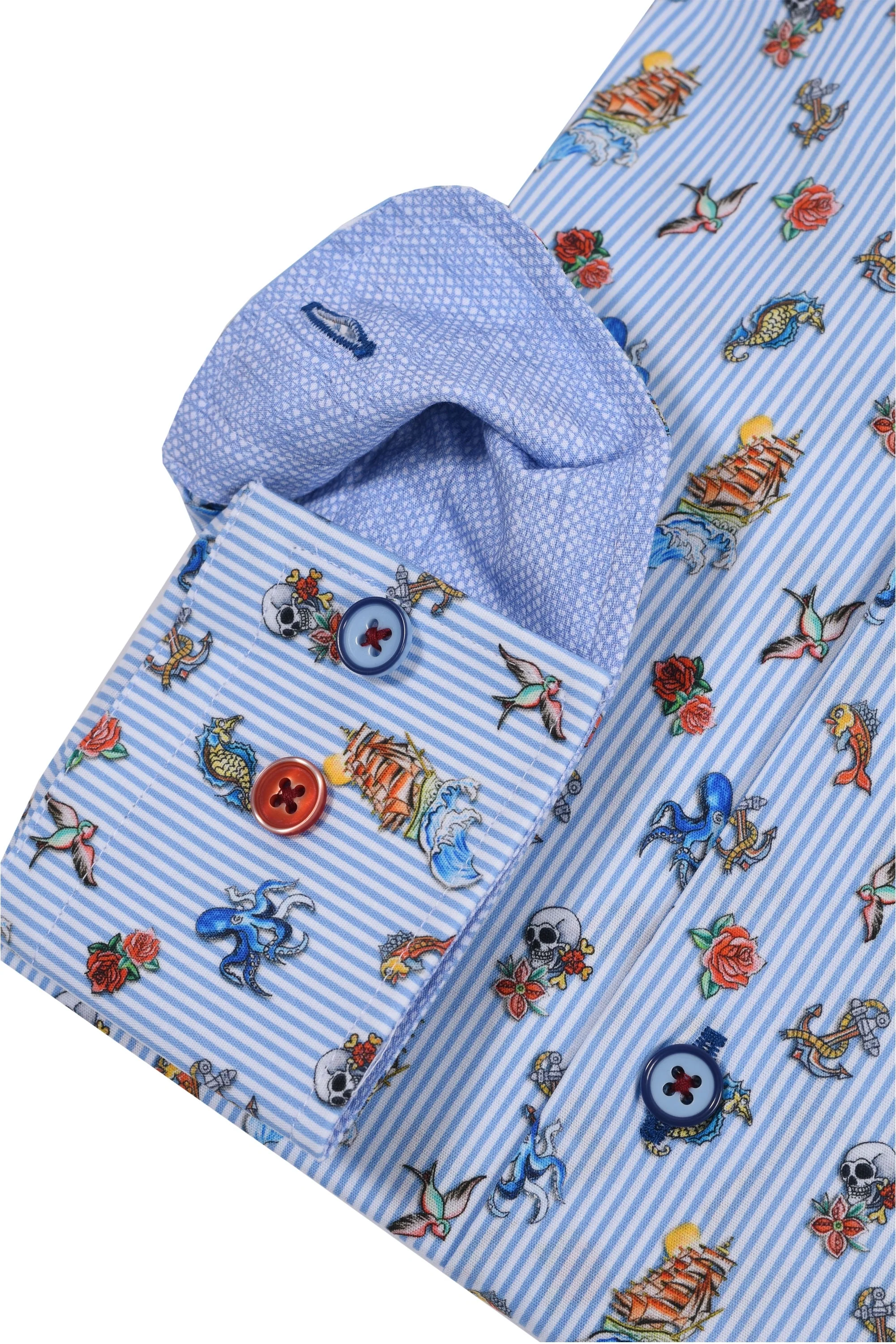 R2 Long Sleeved Cut Away Collar Ocean Print Shirt Light Blue - Image 3