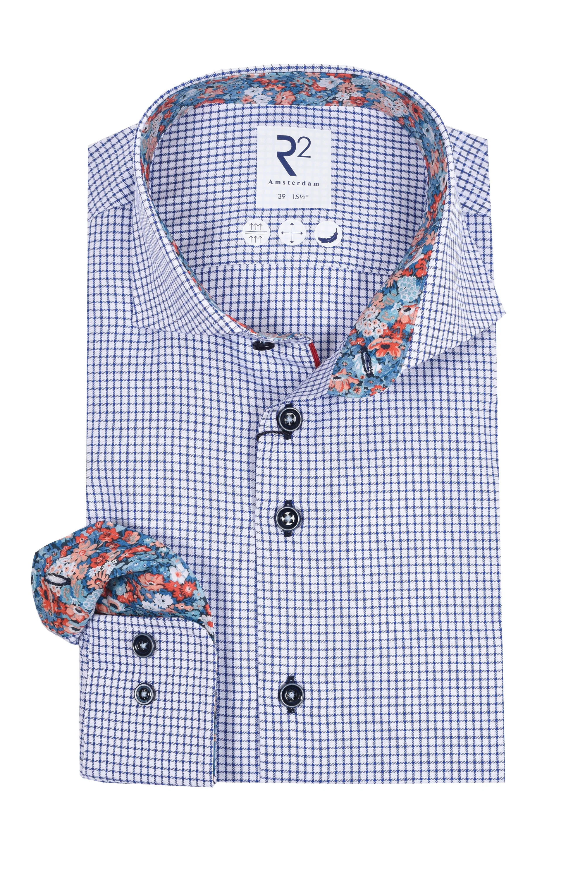 R2 Long Sleeved Cut Away Collar Shirt Navy Check