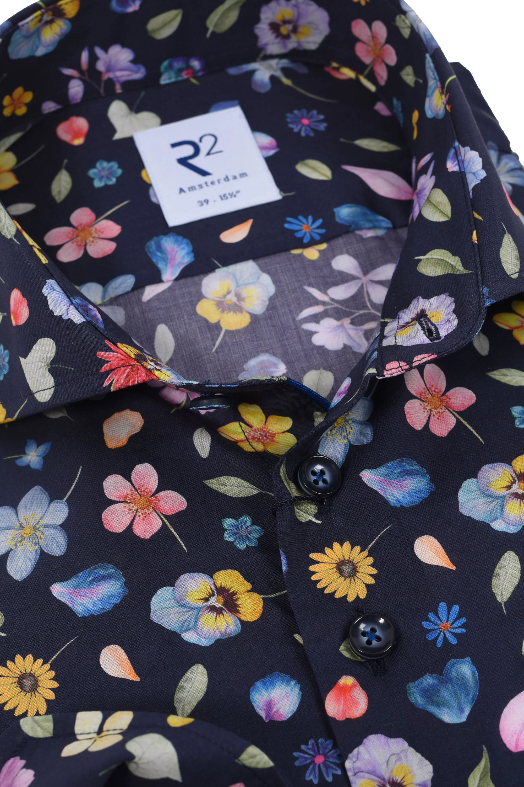 R2 LONG SLEEVED CUT AWAY COLLAR SHIRT NAVY FLORAL - Image 2