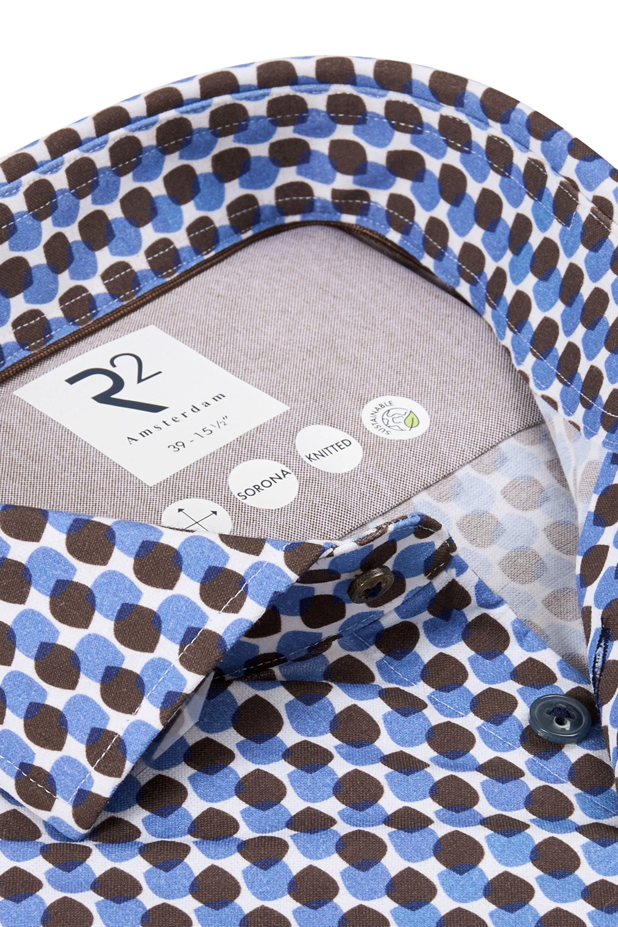R2 Long Sleeved Cut Away Collar Shirt Brown Patterned - Image 2