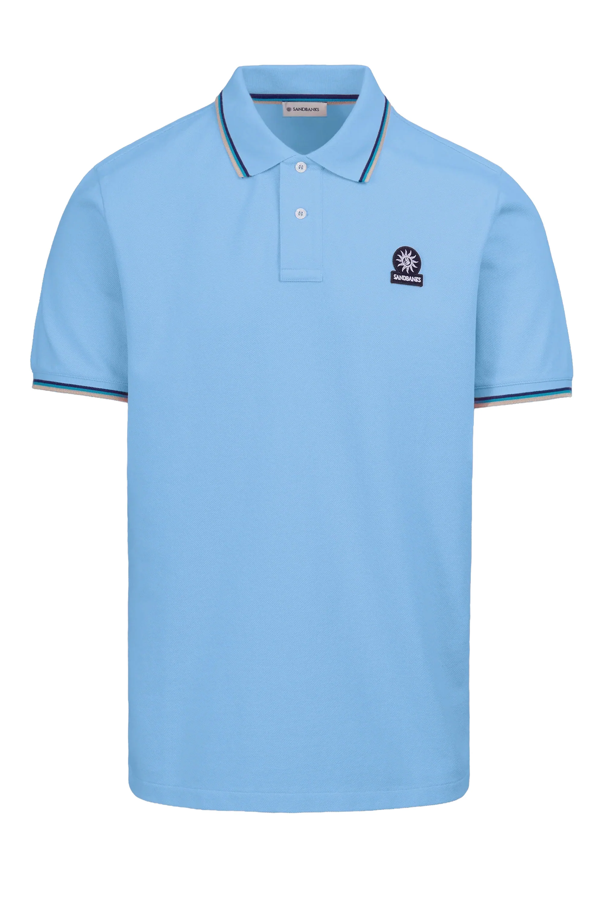 SANDBANKS BADGE LOGO TIPPED SLEEVE POLO SHIRT DUSTY BLUE