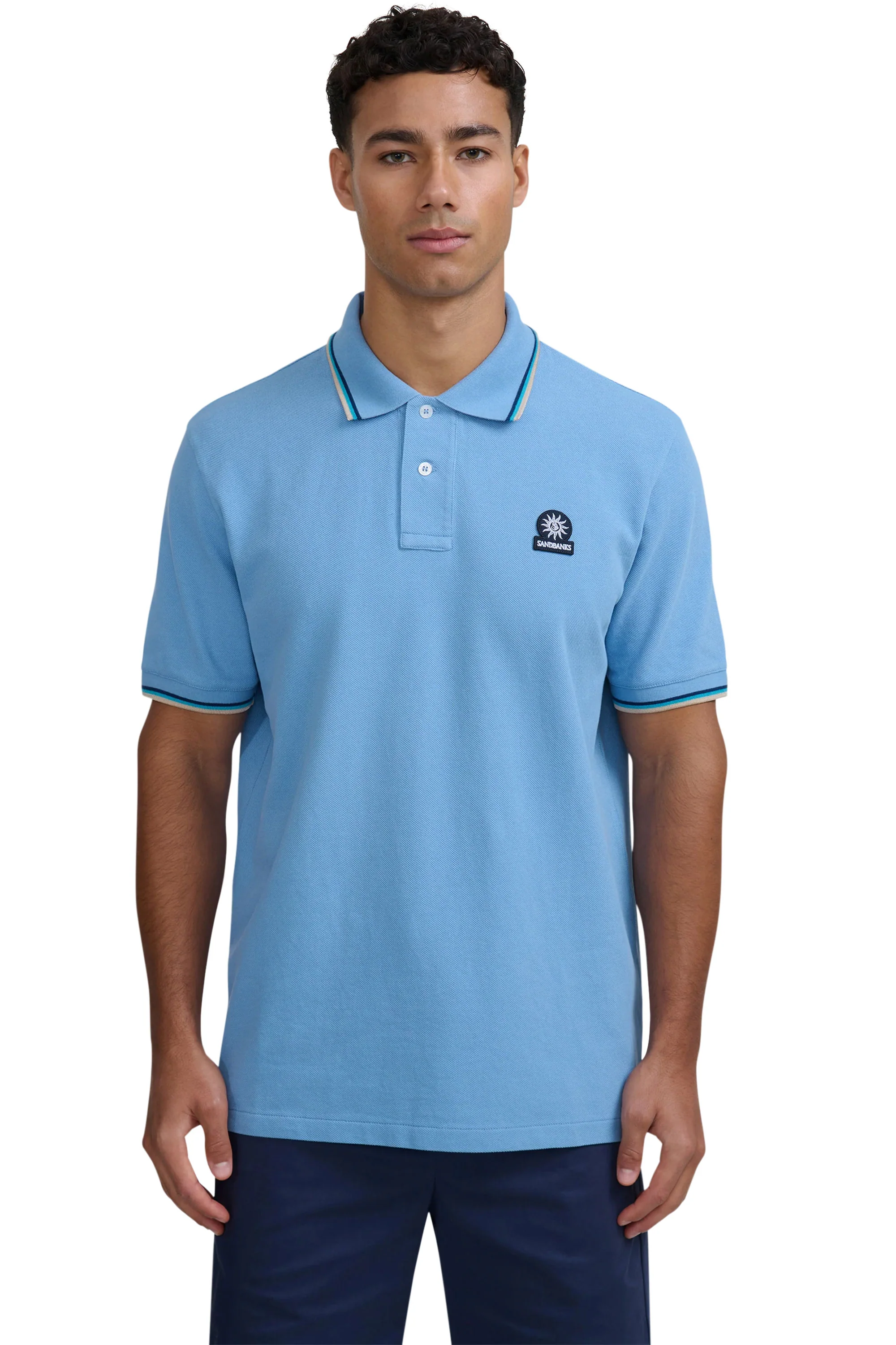 SANDBANKS BADGE LOGO TIPPED SLEEVE POLO SHIRT DUSTY BLUE - Image 2