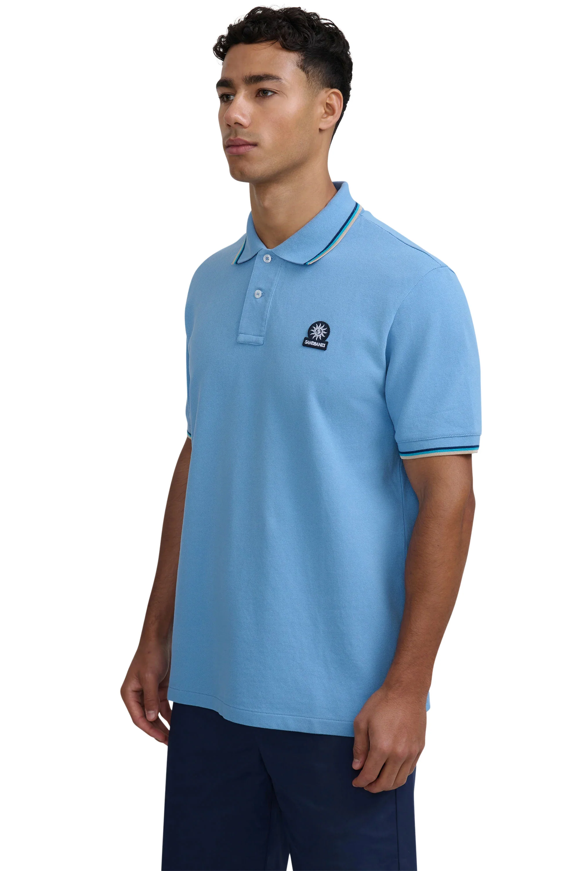 SANDBANKS BADGE LOGO TIPPED SLEEVE POLO SHIRT DUSTY BLUE - Image 3