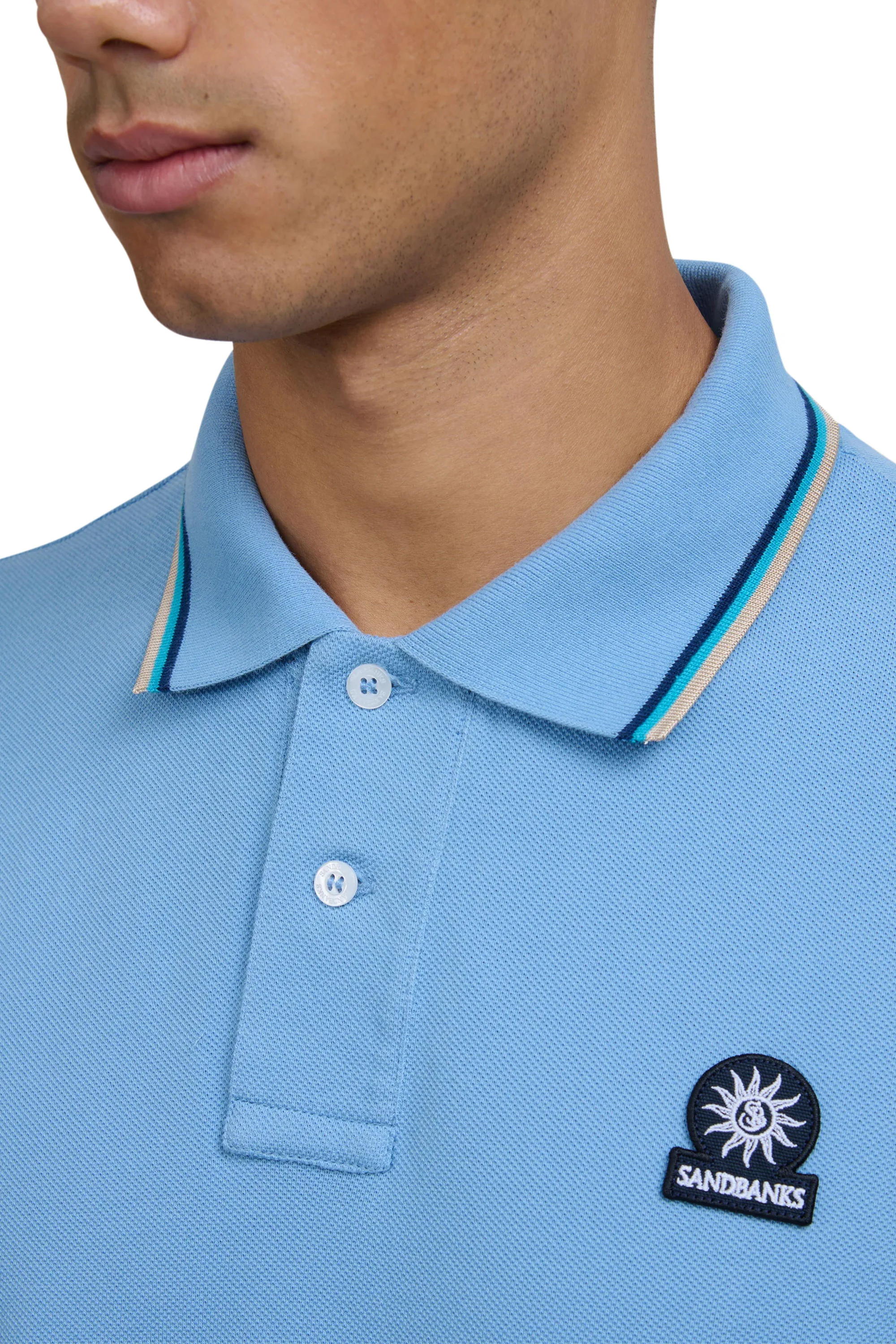 SANDBANKS BADGE LOGO TIPPED SLEEVE POLO SHIRT DUSTY BLUE - Image 5